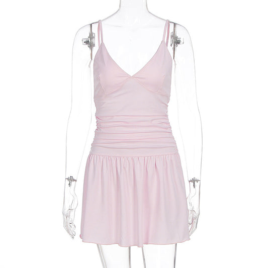 Deep V-strap slim fit waist cinched dress