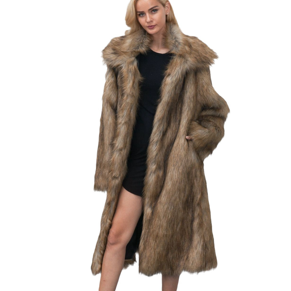 Square collar long faux fur women's coat