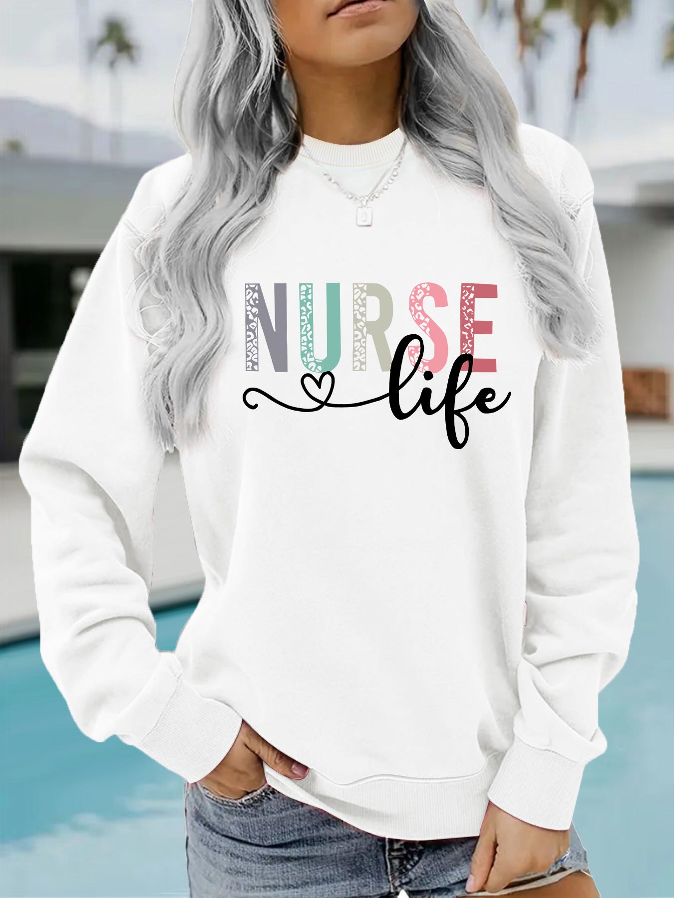 Nurse pattern printed round neck long sleeved sweatshirt