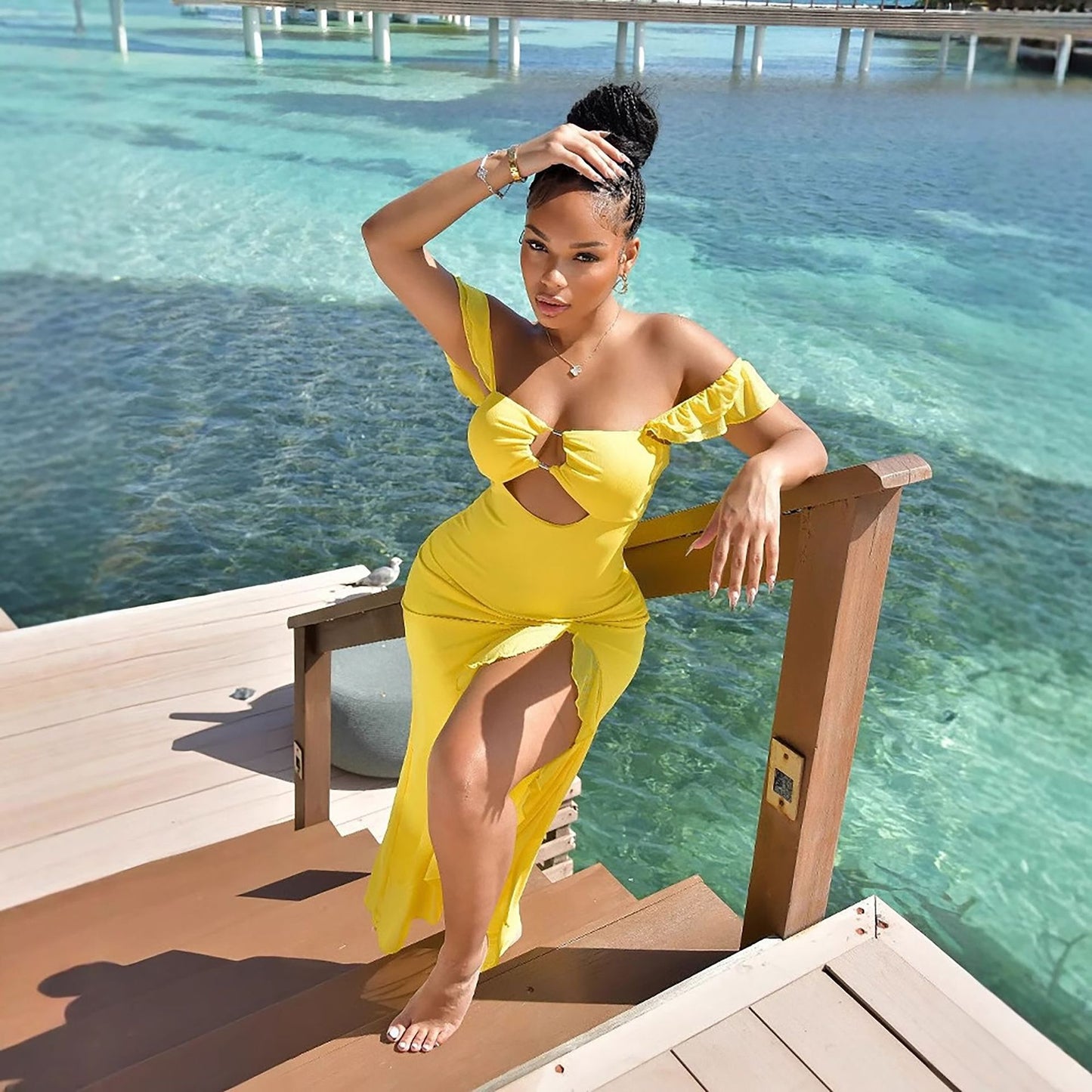 One shoulder strapless hollow out slim slit dress