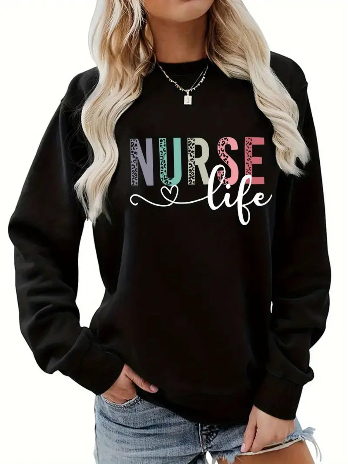 Nurse pattern printed round neck long sleeved sweatshirt