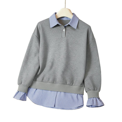 Hooded lapel striped fake two gray hoodies