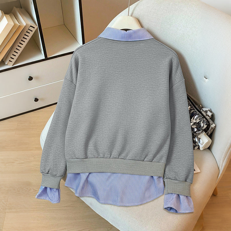 Hooded lapel striped fake two gray hoodies