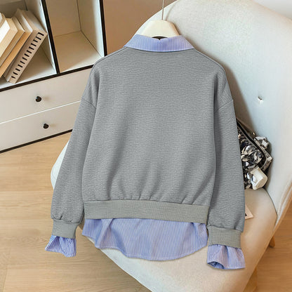 Hooded lapel striped fake two gray hoodies