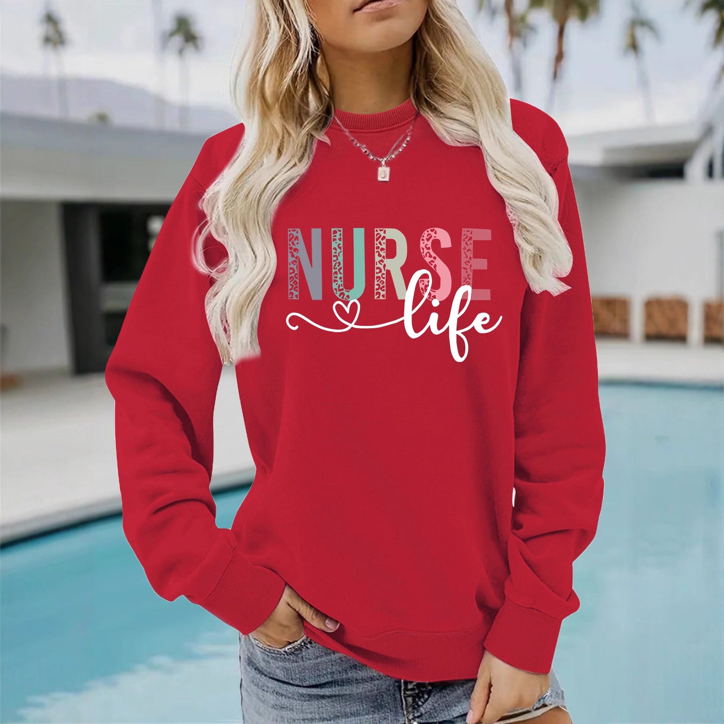 Nurse pattern printed round neck long sleeved sweatshirt
