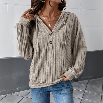 Casual and lazy style pit stripe hooded solid color knitted sweater top