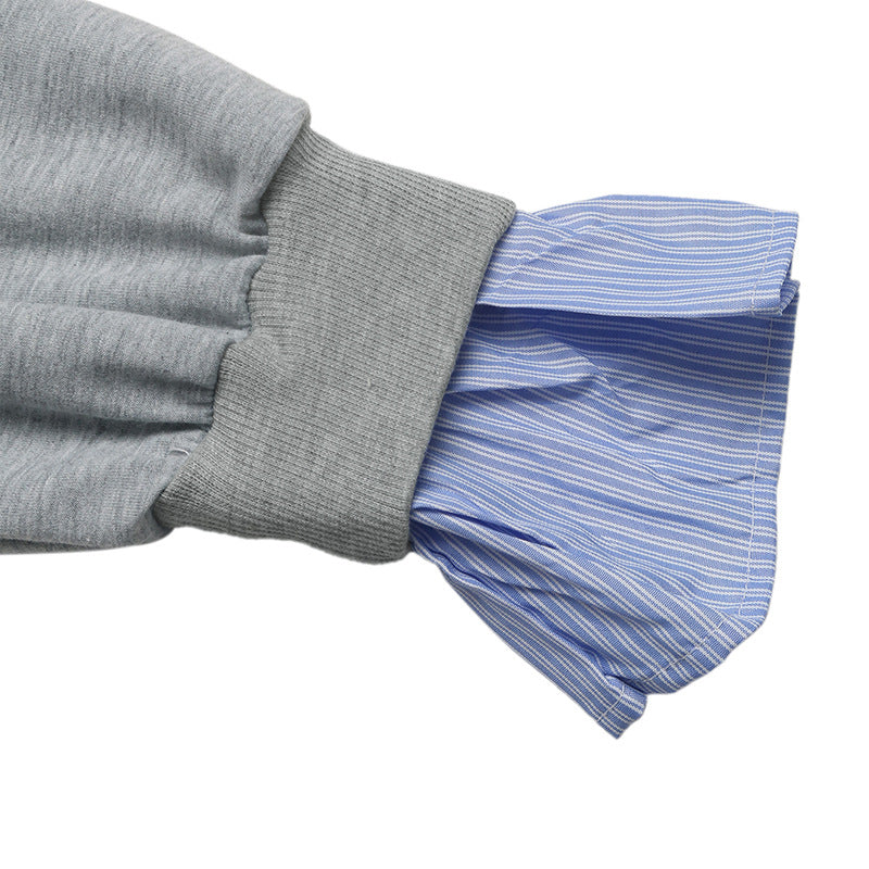 Hooded lapel striped fake two gray hoodies