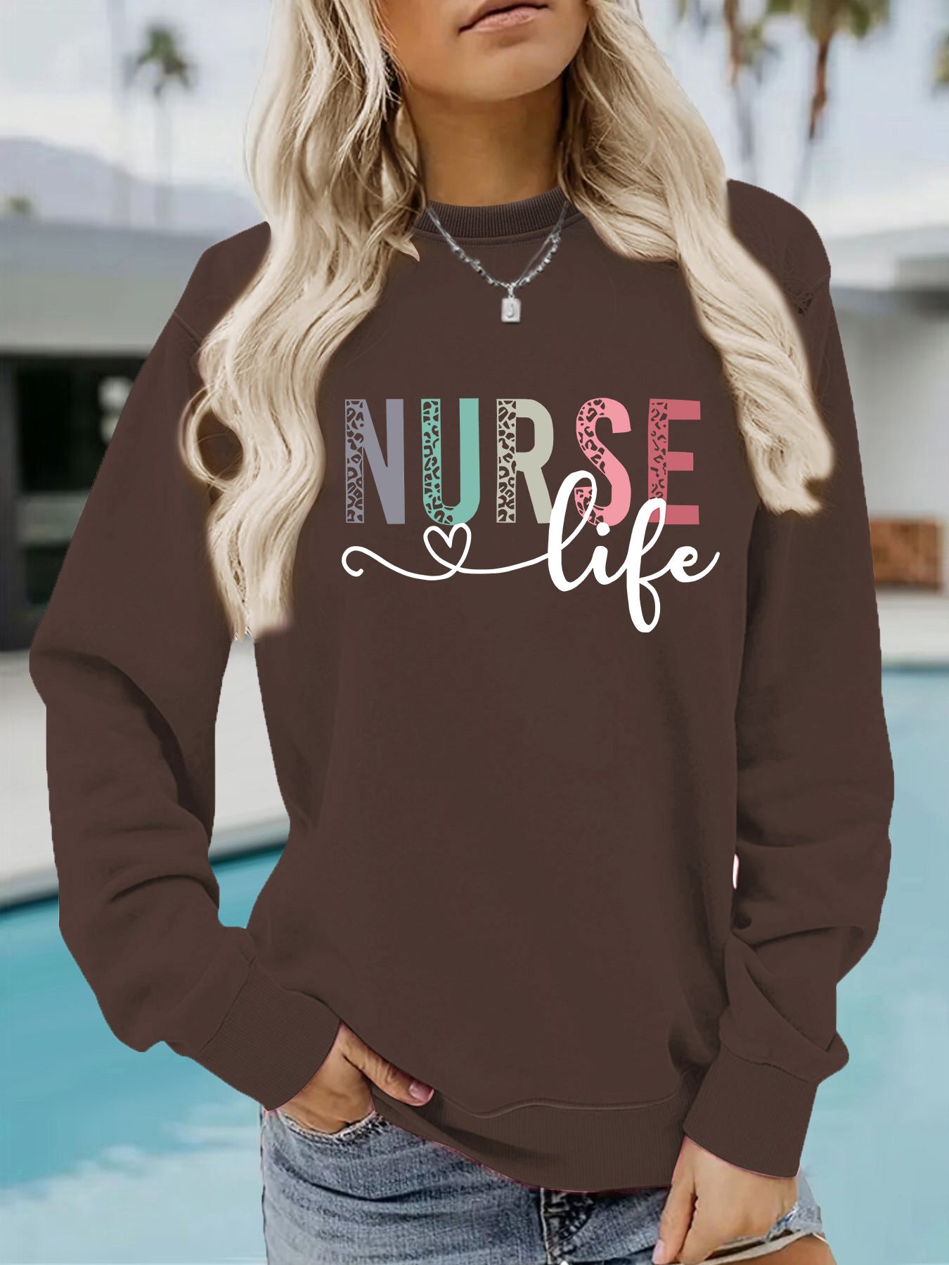Nurse pattern printed round neck long sleeved sweatshirt