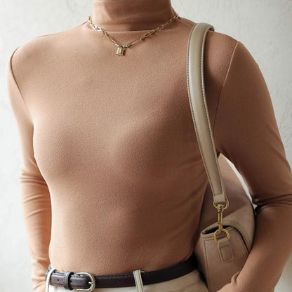 Solid color long sleeved T-shirt with half high neck base