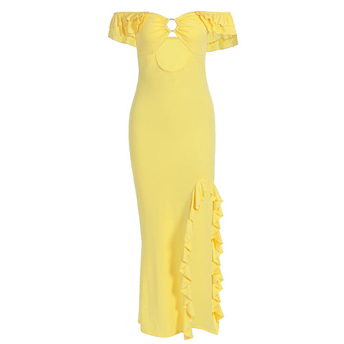 One shoulder strapless hollow out slim slit dress