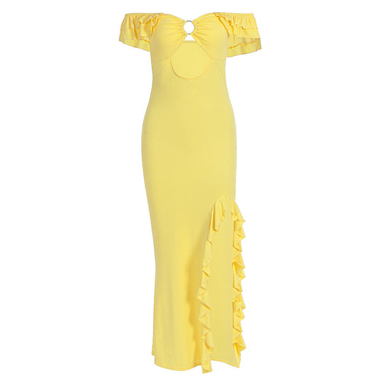 One shoulder strapless hollow out slim slit dress