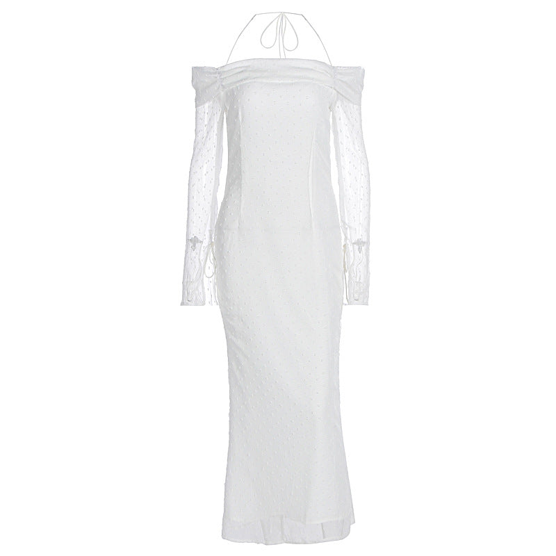 Mesh double-layer one necked backless fishtail skirt long sleeved skirt