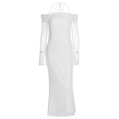 Mesh double-layer one necked backless fishtail skirt long sleeved skirt