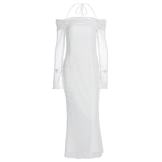 Mesh double-layer one necked backless fishtail skirt long sleeved skirt