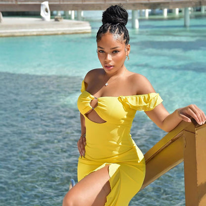 One shoulder strapless hollow out slim slit dress