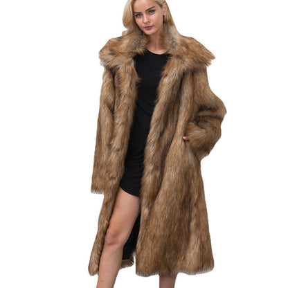 Square collar long faux fur women's coat