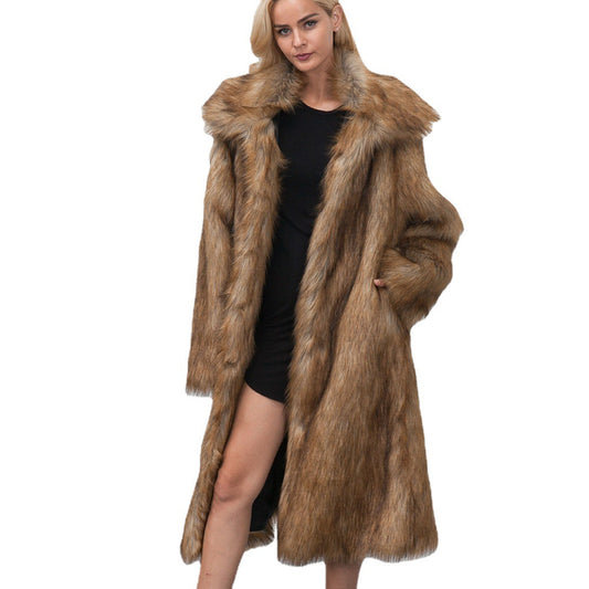 Square collar long faux fur women's coat