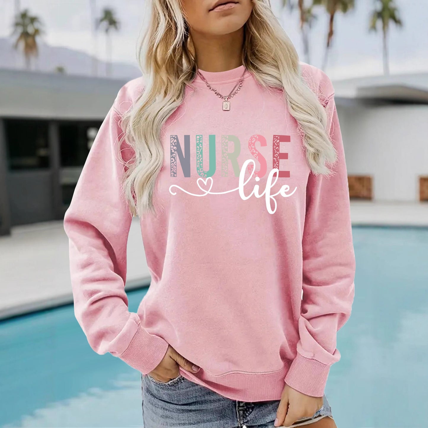 Nurse pattern printed round neck long sleeved sweatshirt