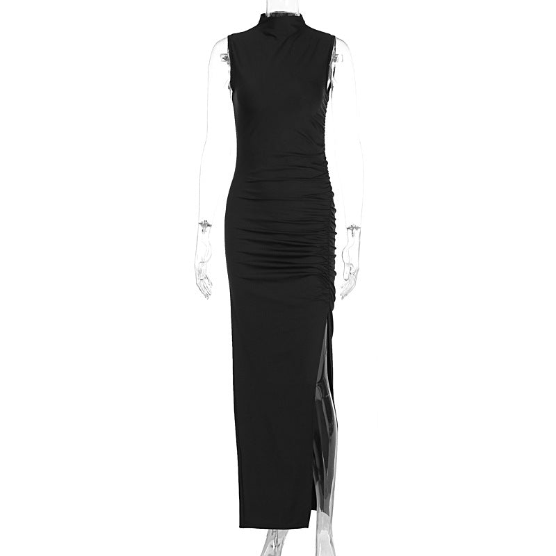Sexy round neck slim fit sleeveless slit dress