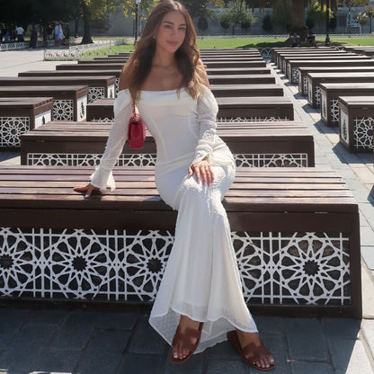 Mesh double-layer one necked backless fishtail skirt long sleeved skirt