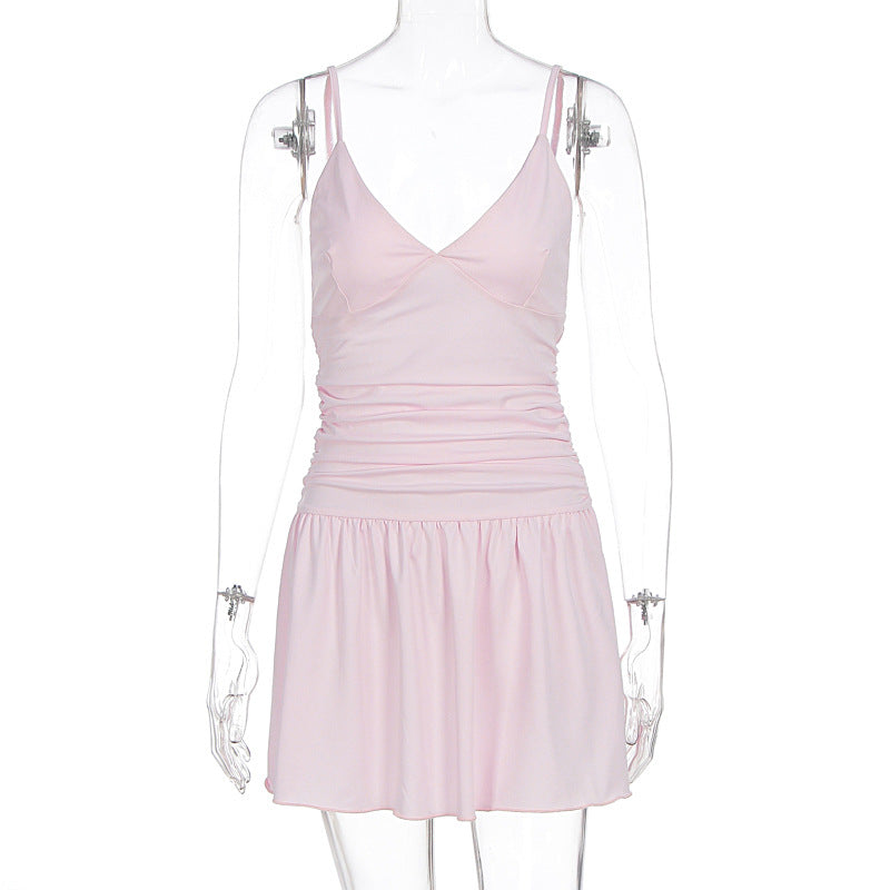 Deep V-strap slim fit waist cinched dress