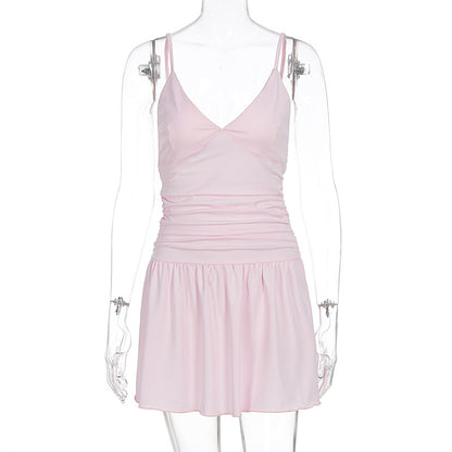 Deep V-strap slim fit waist cinched dress