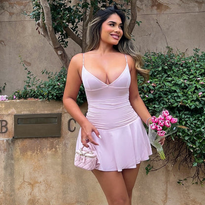 Deep V-strap slim fit waist cinched dress