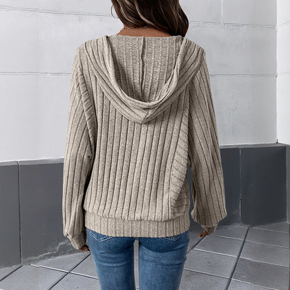 Casual and lazy style pit stripe hooded solid color knitted sweater top