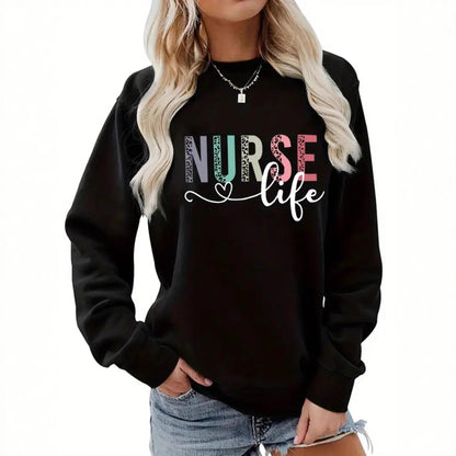 Nurse pattern printed round neck long sleeved sweatshirt