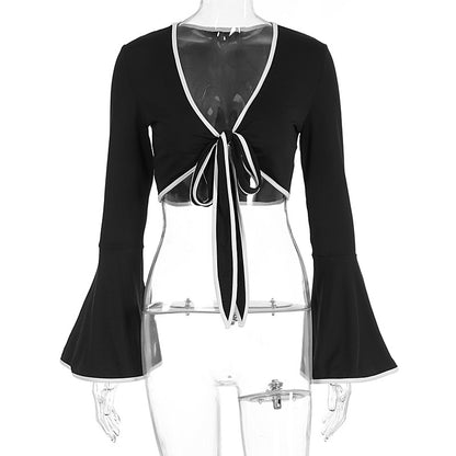 V-neck lace up long sleeved sexy spicy girl short top