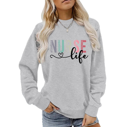 Nurse pattern printed round neck long sleeved sweatshirt