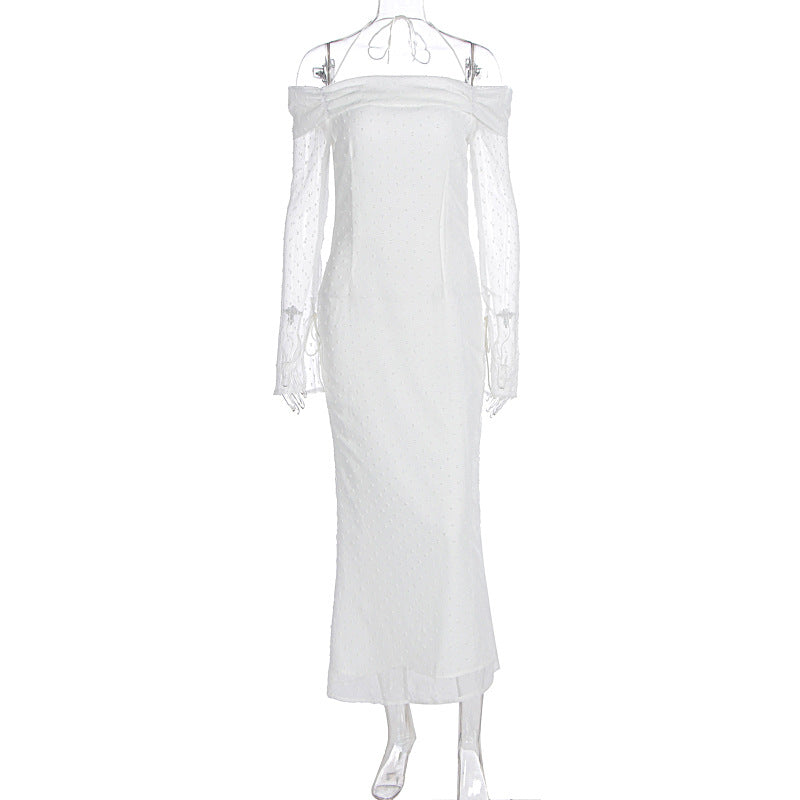 Mesh double-layer one necked backless fishtail skirt long sleeved skirt