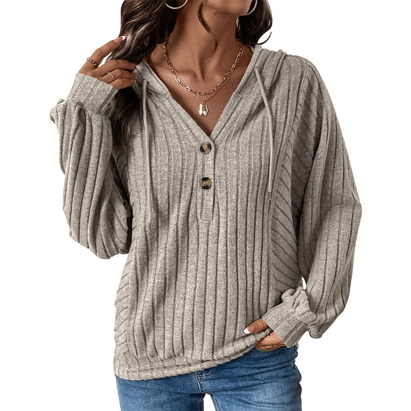 Casual and lazy style pit stripe hooded solid color knitted sweater top